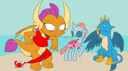 Size: 2560x1428 | Tagged: safe, artist:nauyaco, color edit, edit, imported from derpibooru, gallus, ocellus, smolder, changedling, changeling, dragon, griffon, beach, blushing, clothes, colored, coppertone parody, embarrassed, embarrassed nude exposure, female, laughing, male, nudity, pantsed, swimsuit
