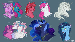 Size: 1920x1080 | Tagged: safe, artist:solkatt, imported from derpibooru, galaxy (g1), princess luna, princess silver swirl, skywishes, star catcher, sweetheart, twilight, alicorn, earth pony, pegasus, twinkle eyed pony, unicorn, my little pony 'n friends, my little pony tales, rescue at midnight castle, :o, blaze (coat marking), blue background, bow, bow tie (g1), coat markings, colored horn, curved horn, facial markings, female, forehead kiss, g1, g2, g3, g5, gradient ears, gradient horn, hair bow, horn, kissing, lesbian, mare, misty brightdawn, open mouth, shipping, simple background, skycatcher