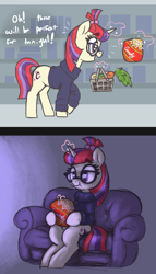 Size: 1320x2310 | Tagged: safe, artist:t72b, imported from derpibooru, moondancer, pony, unicorn, basket, before and after, candy, carrot, clothes, couch, eating, female, food, hoof hold, horn, lonely, magic, mare, sitting, solo, store, sweater, teary eyes