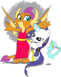 Size: 1132x1426 | Tagged: safe, artist:nauyaco, color edit, edit, imported from derpibooru, rarity, smolder, dragon, pony, unicorn, anxious, arms out, clothes, colored, dress, dressmaking, horn, levitation, magic, notepad, pencil, ruler, simple background, smiling, smolder also dresses in style, spread wings, telekinesis, white background, wings