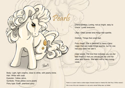 Size: 842x595 | Tagged: safe, artist:solkatt, imported from derpibooru, oc, oc only, oc:pearls, earth pony, pony, comic:falling stars, female, g1, g1 oc, gray background, light gray background, looking at you, mare, pearlized pony, reference sheet, simple background, sitting, solo, turned head, zoom layer