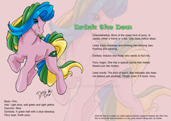 Size: 842x595 | Tagged: safe, artist:solkatt, imported from derpibooru, oc, oc only, oc:drink the dew, earth pony, pony, comic:falling stars, eye clipping through hair, female, g1, g1 oc, mare, pink background, reference sheet, simple background, solo, zoom layer