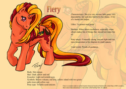 Size: 842x595 | Tagged: safe, artist:solkatt, imported from derpibooru, oc, oc only, oc:fiery, pony, twinkle eyed pony, unicorn, comic:falling stars, bow, female, g1, g1 oc, horn, mare, raised hoof, reference sheet, simple background, solo, tail, tail bow, turned head, yellow background, zoom layer