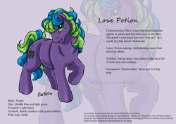 Size: 842x595 | Tagged: safe, artist:solkatt, imported from derpibooru, oc, oc only, oc:love potion (solkatt), earth pony, pony, comic:falling stars, female, freckles, g1, g1 oc, lavender background, mare, purple background, raised hoof, reference sheet, simple background, solo, standing, turned head, zoom layer
