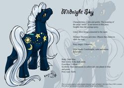 Size: 900x637 | Tagged: safe, artist:solkatt, imported from derpibooru, oc, oc only, oc:midnight sky (solkatt), earth pony, pony, comic:falling stars, female, g1, g1 oc, light blue background, looking at you, looking back, looking back at you, mare, reference sheet, simple background, standing, twice as fancy ponies, zoom layer
