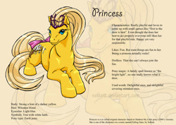 Size: 842x595 | Tagged: safe, artist:solkatt, imported from derpibooru, oc, oc only, oc:princess, earth pony, pony, comic:falling stars, bow, female, g1, g1 oc, jewelry, lying down, mare, prone, reference sheet, simple background, solo, tail, tail bow, tan background, tiara, zoom layer
