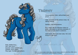 Size: 842x595 | Tagged: safe, artist:solkatt, imported from derpibooru, oc, oc only, oc:trophy, pony, twinkle eyed pony, unicorn, comic:falling stars, g1, g1 oc, horn, light blue background, male, raised hoof, reference sheet, simple background, stallion, standing, zoom layer