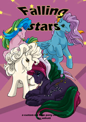 Size: 595x842 | Tagged: safe, artist:solkatt, imported from derpibooru, oc, oc only, oc:drink the dew, oc:let's cross the sky together, oc:make a wish "maw", oc:pearls, earth pony, pegasus, comic:falling stars, 2010, comic cover, female, flying, group, looking at you, lying down, male, mare, on side, pearlized pony, pink background, quartet, simple background, sitting, stallion, stars, underhoof, unshorn fetlocks