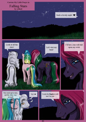Size: 827x1170 | Tagged: safe, artist:solkatt, imported from derpibooru, oc, oc only, oc:drink the dew, oc:make a wish "maw", oc:pearls, pony, comic:falling stars, comic, dialogue, female, g1, g1 oc, heart, male, mare, night, night sky, oc x oc, open mouth, open smile, shipping, sky, smiling, speech bubble, stallion, standing, straight, talking
