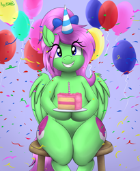 Size: 3496x4272 | Tagged: safe, artist:an-tonio, imported from derpibooru, oc, oc only, oc:zippy sparkz, pegasus, cake, food, happy birthday, sitting, smiling, solo, stool