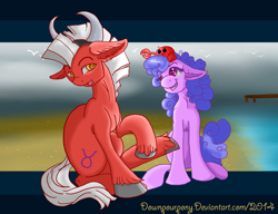 Size: 1300x1000 | Tagged: safe, artist:downpourpony, imported from derpibooru, crab, earth pony, pony, cancer (g4), cancer (horoscope), duo, duo male and female, fake horns, female, male, mare, ponyscopes, shipping, stallion, straight, taurus, taurus (g4)