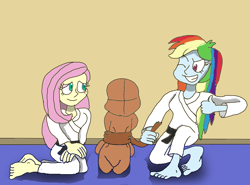 Size: 828x612 | Tagged: safe, imported from derpibooru, fluttershy, rainbow dash, human, equestria girls, barefoot, clothes, dojo, duo, feet, female, gi, hojojutsu, martial arts, submissive, tied up