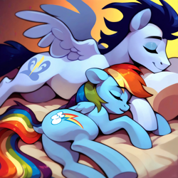 Size: 4096x4096 | Tagged: safe, imported from derpibooru, rainbow dash, soarin', ai content, ai generated, bed, duo, duo male and female, embrace, female, folded wings, generator:purplesmart.ai, generator:stable diffusion, male, prompter:*rainbow dash*, shipping, sleeping, smiling, soarindash, spread wings, straight, wings
