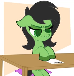 Size: 1391x1414 | Tagged: safe, artist:scandianon, imported from derpibooru, oc, oc only, oc:filly anon, annoyed, female, filly, foal, furrowed brow, indoors, lidded eyes, looking down, nose wrinkle, scrunchy face, sitting, table, taxes