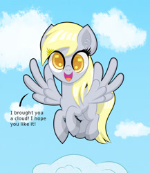 Size: 1300x1500 | Tagged: safe, artist:scandianon, imported from derpibooru, derpy hooves, pegasus, pony, cloud, cross-eyed, female, flying, happy, looking at you, mare, open mouth, open smile, present, sky, smiling, spread wings, talking to viewer, wings