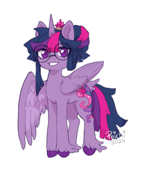 Size: 1277x1524 | Tagged: safe, artist:paichitaron, imported from derpibooru, twilight sparkle, alicorn, pony, alternate cutie mark, alternate hairstyle, crown, female, glasses, grin, high res, jewelry, looking at you, mare, one wing out, regalia, round glasses, signature, simple background, smiling, smiling at you, solo, tail, tail feathers, transparent background, twilight sparkle (alicorn), unshorn fetlocks, wings