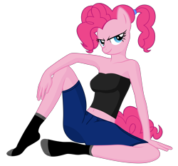 Size: 4840x4518 | Tagged: safe, alternate version, anonymous editor, artist:lexx disaster, edit, edited edit, imported from derpibooru, pinkie pie, anthro, earth pony, bare shoulders, clothes, denim, denim shorts, looking at you, pigtails, shorts, simple background, sleeveless, socks, solo, strapless, transparent background, tube top, twintails
