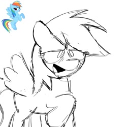 Size: 1080x1080 | Tagged: safe, artist:plum, imported from twibooru, rainbow dash, pegasus, pony, female, image, lidded eyes, mare, missing cutie mark, monochrome, needs more jpeg, open smile, raised hoof, simple background, sketch, solo, spread wings, tail, white background, wings