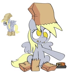 Size: 1080x1080 | Tagged: safe, artist:plum, imported from twibooru, button mash, derpy hooves, pegasus, pony, button, clothes, costume, derp, female, image, mare, needs more jpeg, nightmare night costume, paper bag, paper bag wizard, simple background, sitting, spread wings, tail, white background, wings