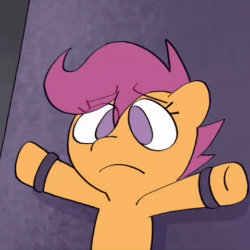 Size: 480x480 | Tagged: safe, artist:plum, imported from twibooru, scootaloo, pony, fanfic:rainbow factory, animated, blinking, bound, female, filly, image, looking at you, mp4, sad, solo