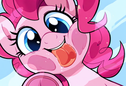 Size: 1216x832 | Tagged: safe, imported from derpibooru, pinkie pie, pony, against glass, ai content, ai generated, drool, generator:novelai, generator:stable diffusion, glass, licking, looking at you, prompter:hazy skies, raised hoof, solo, squishy cheeks, tongue out