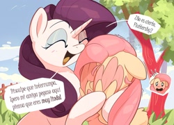 Size: 2000x1441 | Tagged: safe, artist:nookprint, edit, imported from derpibooru, fluttershy, rarity, pegasus, pony, unicorn, ashamed, blushing, happy face, hidden face, horn, hug, spanish, speech bubble, talking to viewer, text edit, translation, wing hands, wingmare, wings