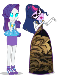 Size: 2690x3538 | Tagged: safe, artist:cartoonmasterv3, imported from derpibooru, rarity, sci-twi, twilight sparkle, changeling, human, undead, zombie, equestria girls, april fools, april fools 2024, clothes, disguise, disguised changeling, dress, duo, duo female, female, infected, long dress, long skirt, simple background, skirt, transparent background