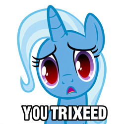 Size: 1024x1024 | Tagged: safe, imported from derpibooru, trixie, unicorn, ai content, ai generated, caption, frown, generator:novelai, generator:stable diffusion, hatless, horn, looking at you, meme, missing accessory, prompter:hazy skies, red eyes, show accurate, simple background, solo, text, vector, white background