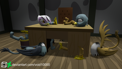 Size: 2560x1440 | Tagged: safe, artist:sjdiene, imported from derpibooru, gabby, gilda, griffon, 3d, detachable head, female, looking at each other, looking at someone, modular, table