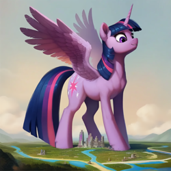 Size: 2048x2048 | Tagged: safe, imported from derpibooru, twilight sparkle, alicorn, pony, ai content, ai generated, city, female, generator:pony diffusion v6 xl, generator:purplesmart.ai, generator:stable diffusion, giant pony, giant twilight sparkle, giantess, macro, mare, prompter:krivovyaz, river, smiling, smug, solo, spread wings, twilight sparkle (alicorn), water, wings