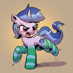 Size: 1024x1024 | Tagged: safe, idw, imported from derpibooru, sea swirl, seafoam, pony, unicorn, ai content, ai generated, blushing, clothes, generator:pony diffusion v6 xl, generator:stable diffusion, horn, prompter:foxpony, simple background, socks, solo, striped socks