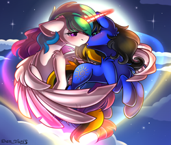 Size: 2451x2080 | Tagged: safe, alternate version, artist:yuris, imported from derpibooru, princess celestia, oc, oc:destiny light, alicorn, pony, alternate character, blushing, clothes, duo, ears up, female, floppy ears, flying, full moon, imminent kissing, male, moon, night, scarf, shipping, sky, straight