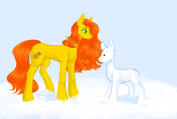 Size: 2040x1382 | Tagged: safe, imported from derpibooru, oc, oc only, oc:anna pine, earth pony, concave belly, food, freckles, height difference, pineapple, raised leg, simple background, slender, snow, snowpony, solo, thin