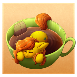 Size: 2900x2900 | Tagged: safe, artist:viryav, imported from derpibooru, oc, oc only, oc:anna pine, earth pony, pony, cup, cup of pony, eyes closed, food, freckles, gradient background, micro, ponies in food, smiling, solo, tea, teacup