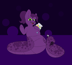 Size: 2000x1800 | Tagged: safe, artist:vesper, imported from derpibooru, oc, oc only, oc:poison perfect, lamia, original species, snake, snake pony, belly, belly button, belly piercing, big belly, big tail, bottle, candy, chubby, coils, fangs, fat, fat tail, female, food, gem, green eyes, gummy bears, looking at you, mare, open mouth, overweight, piercing, ponytail, purple background, purple coat, purple mane, simple background, smiling, smiling at you, snakepony, soda, soda bottle, solo, solo female, spots, tail, thick tail, waving, waving at you
