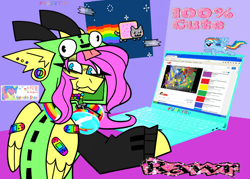 Size: 960x687 | Tagged: safe, artist:beetalz, imported from derpibooru, fluttershy, pegasus, pony, antonymph, computer, cutiemarks (and the things that bind us), gir, invader zim, laptop computer, nyan cat, smiling, vylet pony