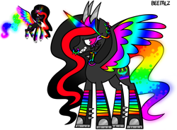 Size: 1634x1200 | Tagged: safe, artist:beetalz, imported from derpibooru, oc, oc:princess neon boom, alicorn, pony, alicorn oc, colored horn, colored wings, grin, horn, long hair, multicolored wings, rainbow horn, rainbow tail, rainbow wings, smiling, solo, tail, wings