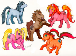 Size: 1222x900 | Tagged: safe, artist:kamilya, imported from derpibooru, pony, candy, female, food, g1, group, lollipop, ponified, quintet, rearing, simple background, spice girls, white background