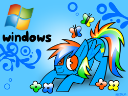 Size: 1600x1200 | Tagged: safe, artist:beetalz, imported from derpibooru, rainbow dash, butterfly, pegasus, pony, abstract background, microsoft, microsoft windows, smiling