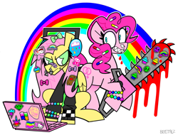 Size: 1613x1223 | Tagged: safe, artist:beetalz, imported from derpibooru, fluttershy, pinkie pie, earth pony, pegasus, pony, antonymph, blood, chainsaw, computer, duo, duo female, female, grin, headphones, laptop computer, rainbow, scenecore, smiling, vylet pony