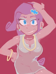 Size: 1500x2000 | Tagged: safe, artist:baigak, imported from derpibooru, rarity, human, equestria girls, big breasts, bracelet, breasts, busty rarity, clothes, dress, ear piercing, earring, grin, hand on head, jewelry, looking at you, necklace, piercing, red background, short dress, simple background, smiling, smiling at you, solo, white dress