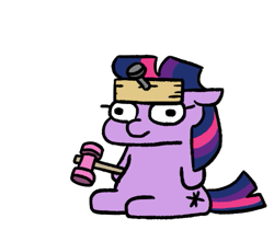 Size: 503x422 | Tagged: safe, artist:jargon scott, imported from derpibooru, twilight sparkle, pony, unicorn, board, female, filly, filly twilight sparkle, floppy ears, foal, hammer, horn, nail, reference, simple background, sitting, solo, spongebob reference, spongebob squarepants, squatpony, twiggie, unicorn twilight, white background, younger
