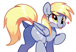 Size: 1216x832 | Tagged: prompter needed, safe, imported from derpibooru, derpy hooves, pegasus, pony, ai content, ai generated, butt, cute, derpabetes, dock, eyebrows, eyebrows visible through hair, female, floating heart, generator:novelai, generator:stable diffusion, heart, mare, mlem, plot, raised hoof, raised tail, silly, simple background, solo, tail, tongue out, white background