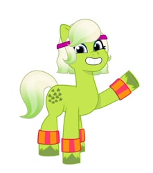Size: 640x725 | Tagged: safe, artist:jazzhooves, imported from derpibooru, earth pony, pony, eyeshadow, female, g5, headband, makeup, minty (g5), raised hoof, simple background, smiling, solo, white background