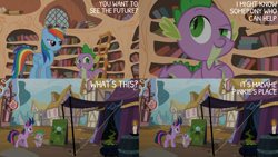 Size: 2000x1125 | Tagged: safe, edit, edited screencap, editor:quoterific, imported from derpibooru, screencap, rainbow dash, spike, twilight sparkle, dragon, pegasus, unicorn, it's about time, golden oaks library, implied pinkie pie, messy hair, unicorn twilight