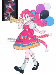 Size: 2008x2688 | Tagged: safe, artist:nainaier007, imported from derpibooru, pinkie pie, human, equestria girls, balloon, bow, clothes, dress, hair bow, musical instrument, reference used, shoes, simple background, socks, solo, trumpet, white background