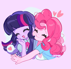 Size: 2648x2562 | Tagged: safe, artist:chengzi82020, imported from derpibooru, pinkie pie, twilight sparkle, equestria girls, eyes closed, heart, hug, open mouth, purple background, simple background, smiling, speech bubble