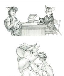 Size: 1100x1304 | Tagged: safe, artist:baron engel, imported from derpibooru, applejack, oc, oc:king trafalgar maximilian augustus leopold iii, anthro, mouse, applejack's hat, breasts, cleavage, cowboy hat, female, hat, male, monochrome, mousified, pencil drawing, simple background, species swap, story included, traditional art, white background