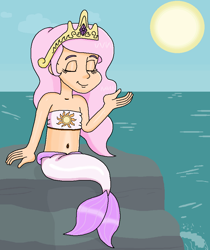 Size: 774x922 | Tagged: safe, artist:ocean lover, imported from derpibooru, princess celestia, human, mermaid, bandeau, bare midriff, bare shoulders, belly, belly button, child, crown, cute, cutelestia, diamond, eyes closed, fins, fish tail, human coloration, humanized, jewelry, light skin, mermaid princess, mermaid tail, mermaidized, mermay, midriff, ms paint, ocean, outdoors, pink hair, regalia, relaxing, rock, royalty, sitting, sky, sleeveless, smiling, species swap, sun, tail, tail fin, water, wave, young, young celestia