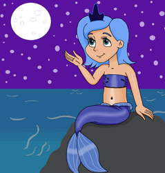 Size: 898x941 | Tagged: safe, artist:ocean lover, imported from derpibooru, princess luna, human, mermaid, bandeau, bare midriff, bare shoulders, belly, belly button, blue hair, child, crown, cute, female, filly, filly luna, fins, fish tail, human coloration, humanized, jewelry, looking up, lunabetes, mermaid princess, mermaid tail, mermaidized, mermay, midriff, moderate dark skin, moon, ms paint, night, night sky, ocean, outdoors, purple sky, regalia, rock, royalty, sitting, sky, sleeveless, species swap, stars, tail, tail fin, teal eyes, water, wave, woona, young, young luna, younger